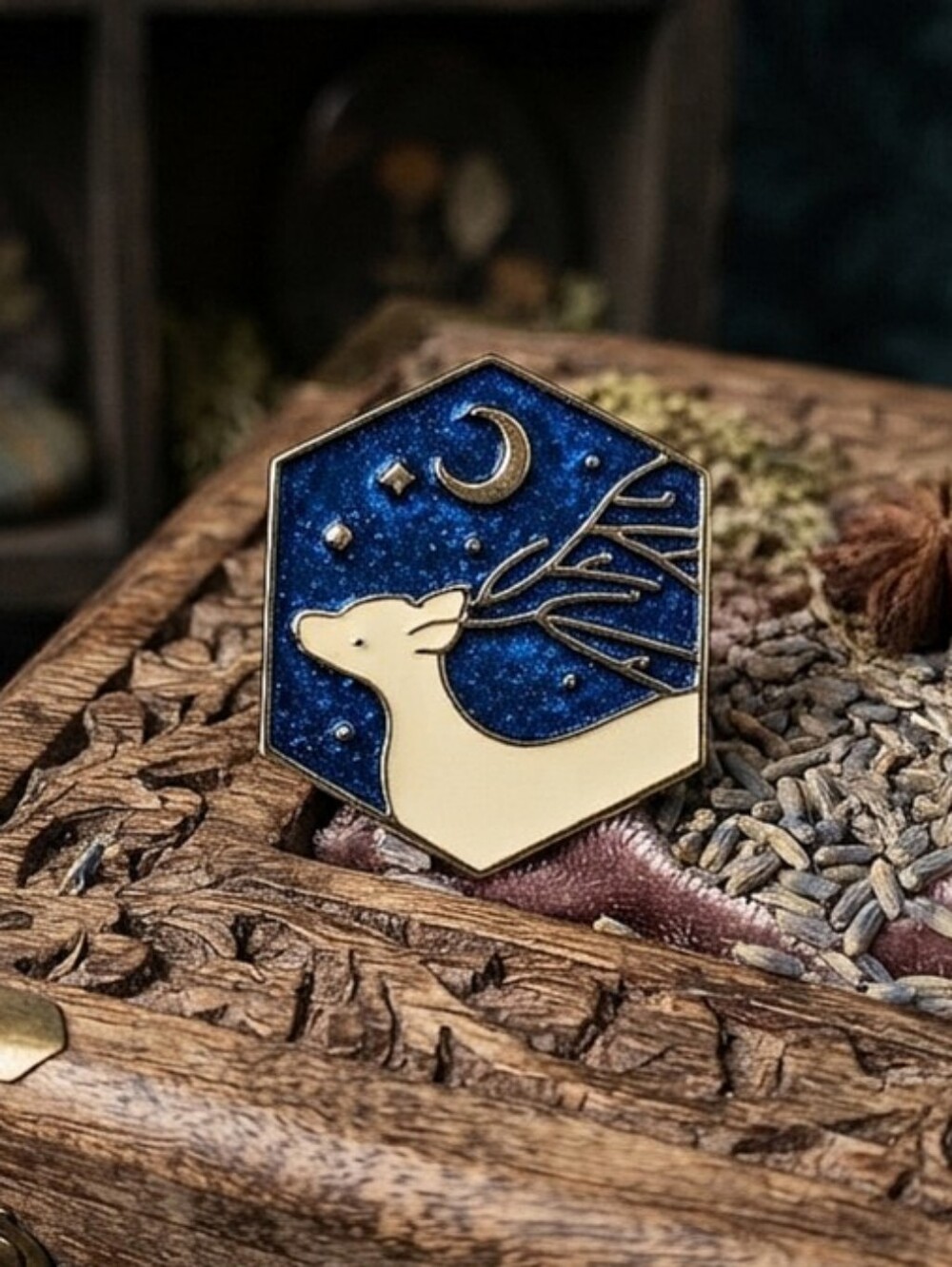 Celestial Moon Stars Glitter Nighy Sky Wild Stag Deer Hexagonal Enamel Pin Acces